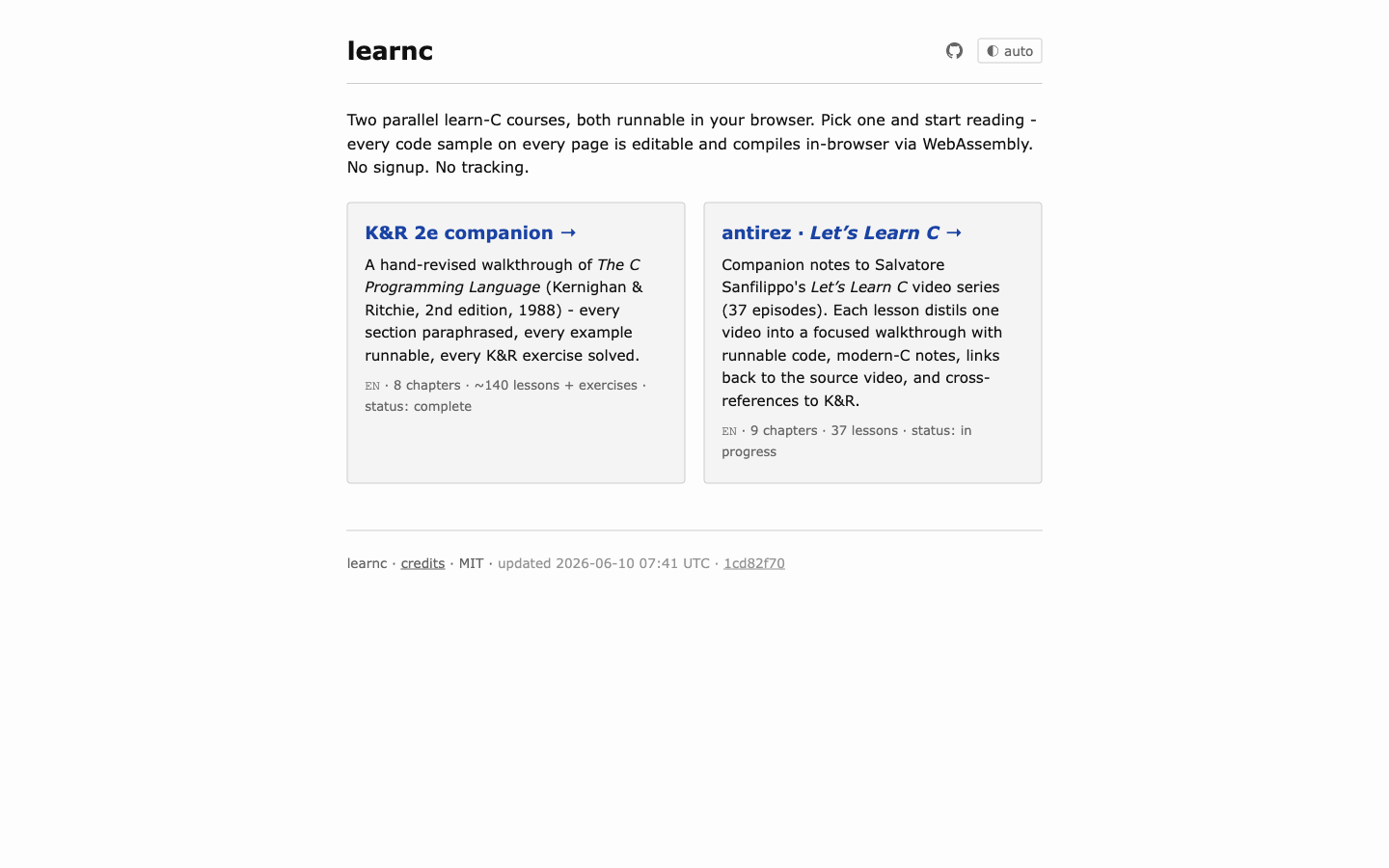 The complete Learn C course selection page at desktop size.