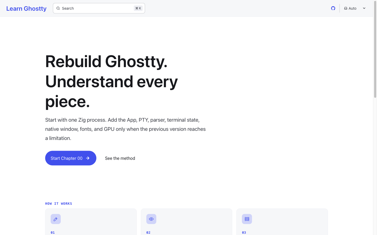 The complete Learn Ghostty homepage hero and first method cards at desktop size.