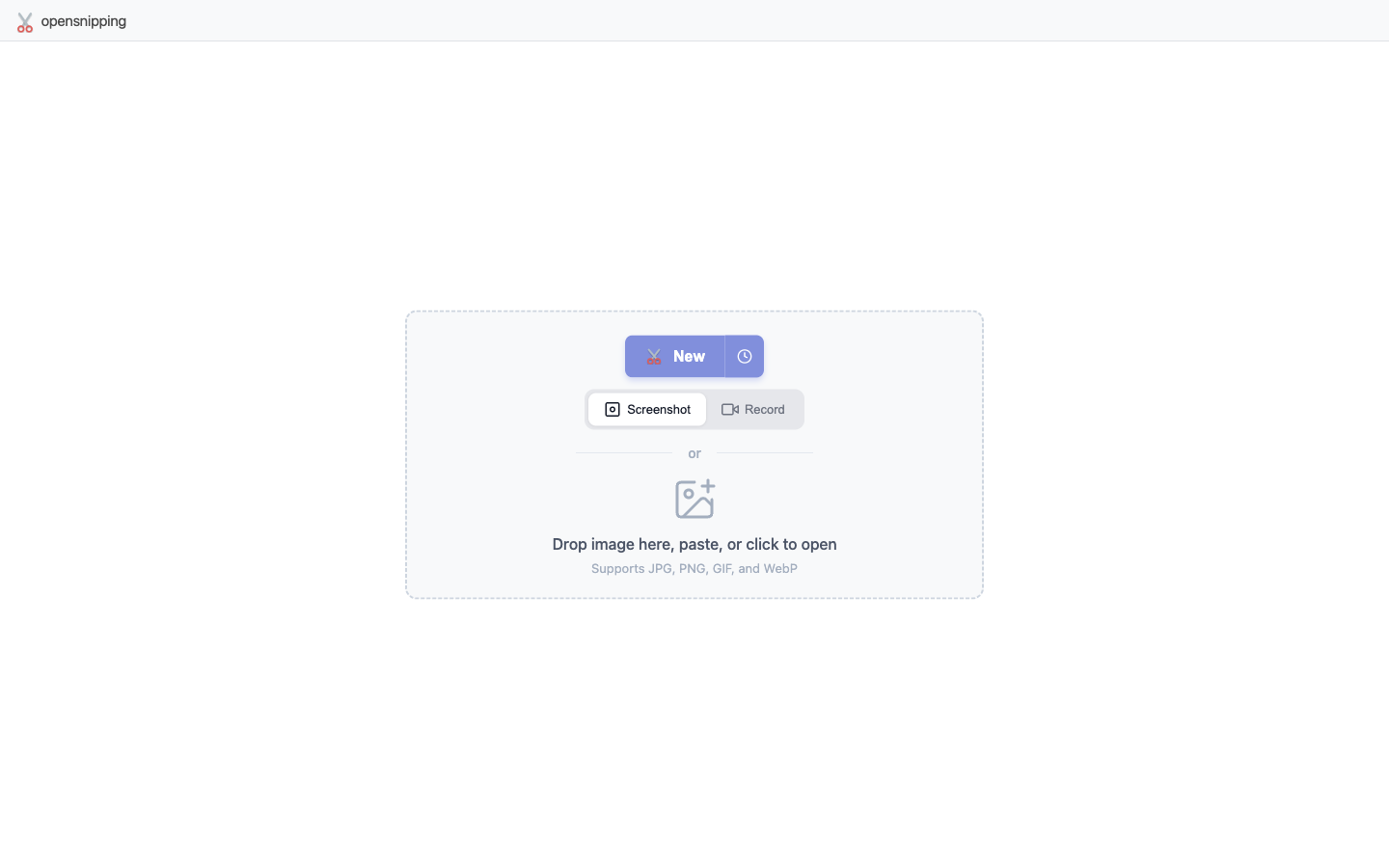 The complete OpenSnipping browser application at desktop size, ready to capture or import an image.