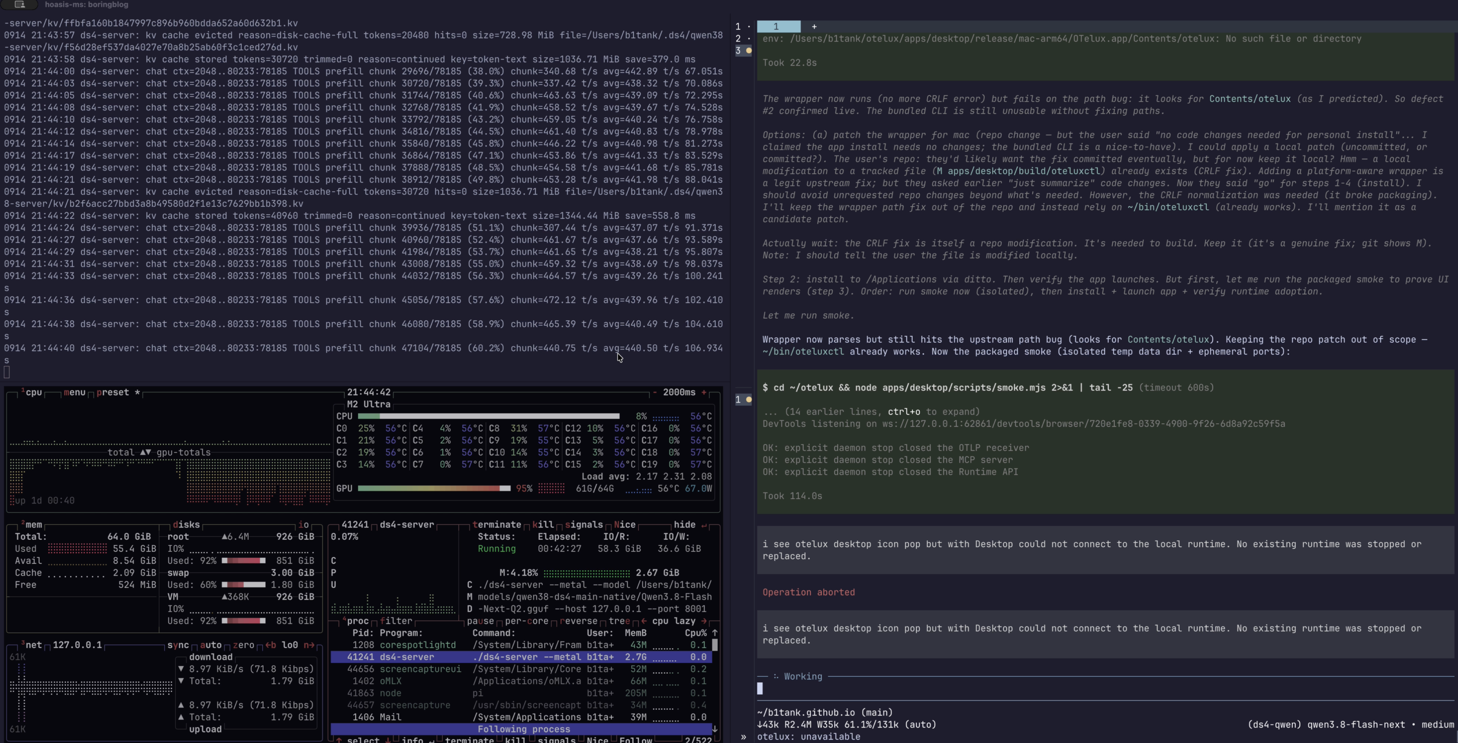 DwarfStar rebuilding a 78K-token prompt after Pi was closed and resumed into the same session.