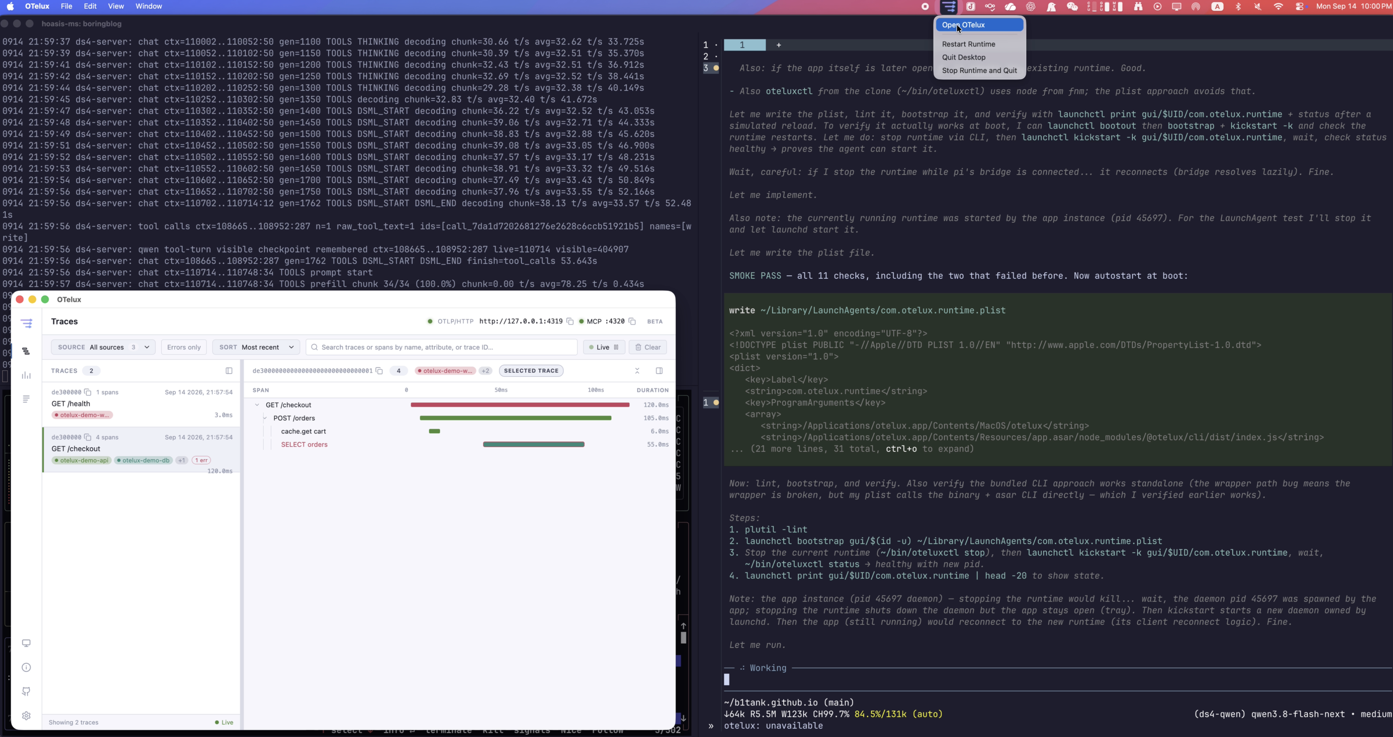 The locally built OTelux desktop app displaying traces while Pi prepares and verifies macOS runtime autostart.