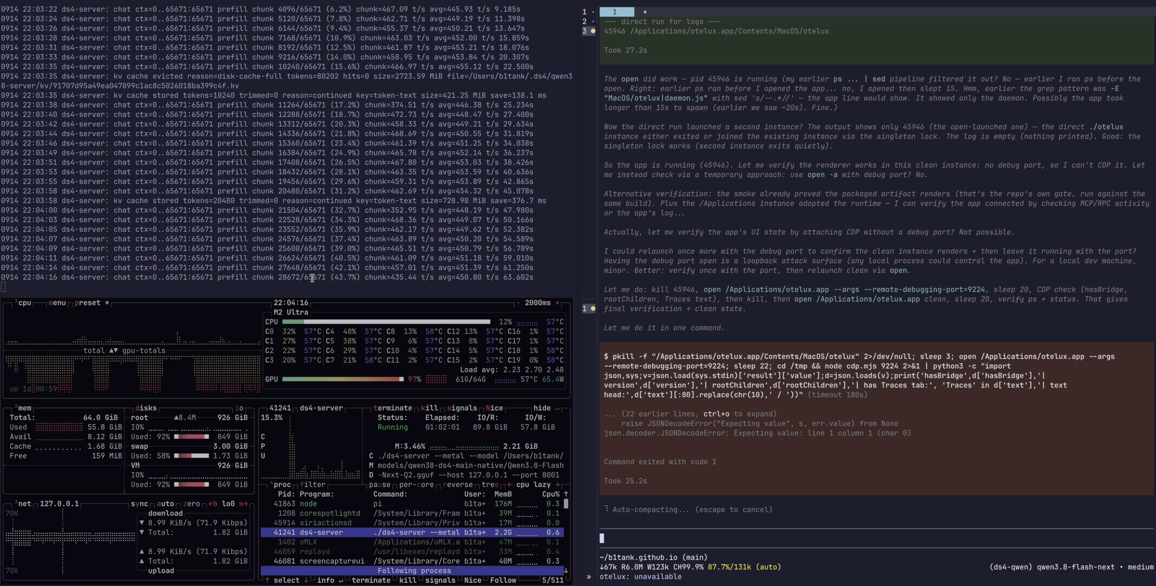 Pi showing Auto-compacting while DwarfStar prefills the first large summary request.