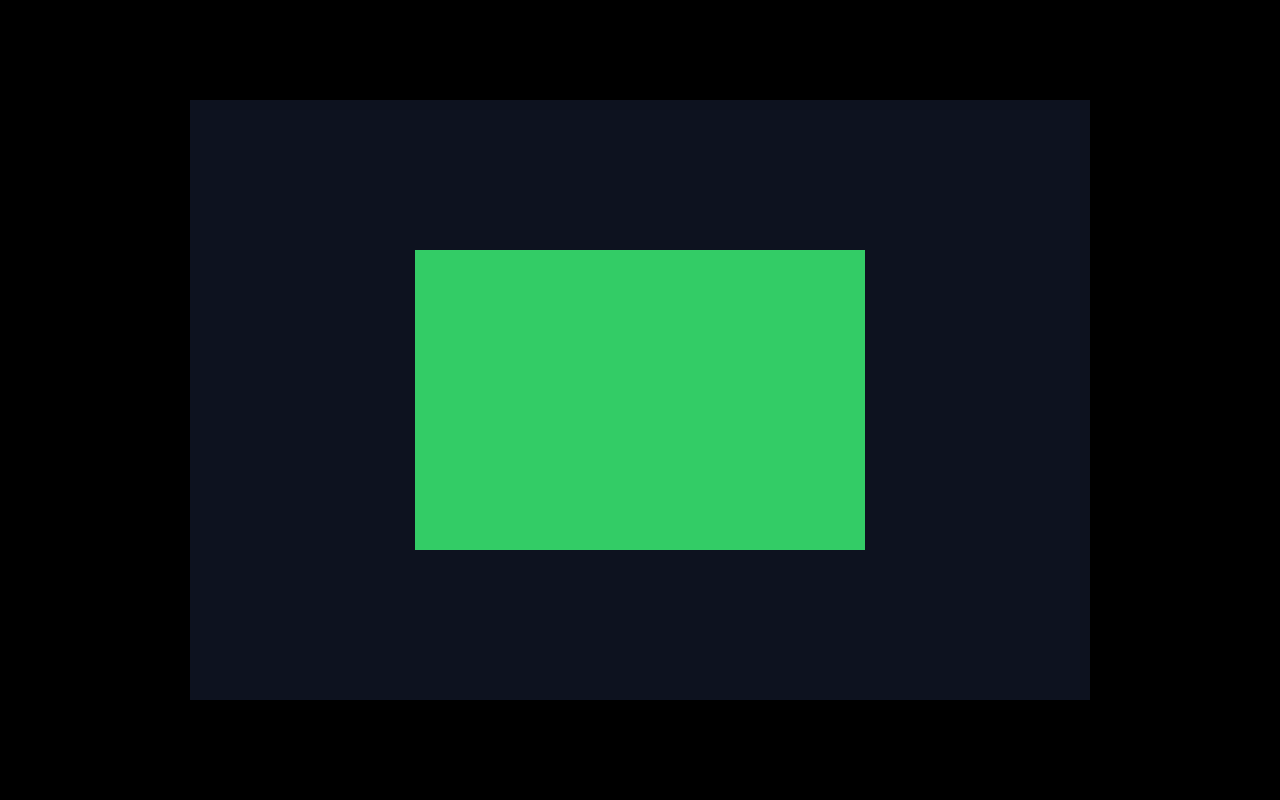 A real Xvfb display containing a 900 by 600 dark navy GTK OpenGL surface with a centered bright green rectangle measuring 450 by 300.
